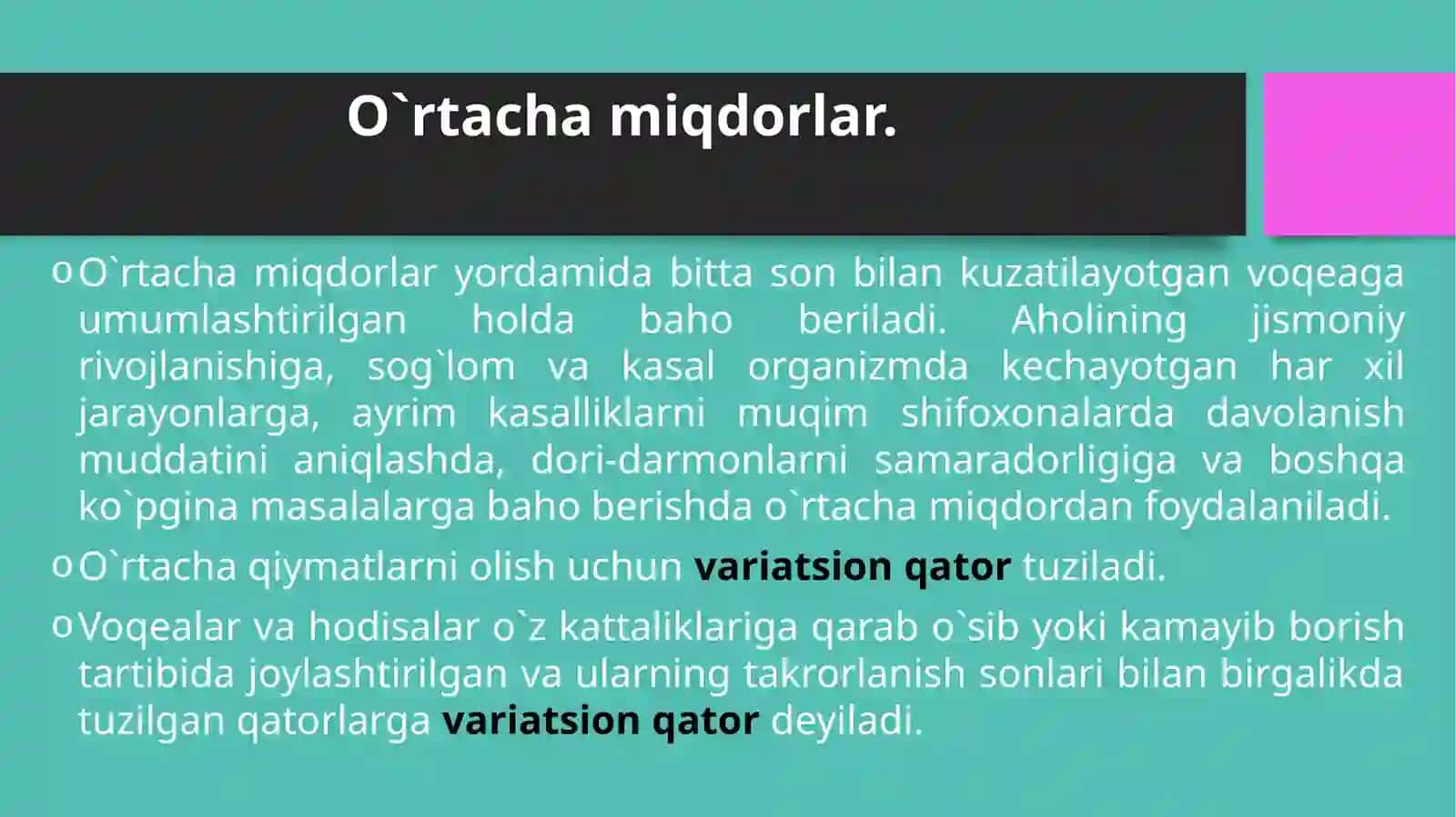 O`rtacha  miqdorlar, turlari, hisoblash  usullari. Statistik  tadqiqot  natijalarining  ishonchlilik  darajasini  baholash. Korrelyatsiya koeffitsienti. 2