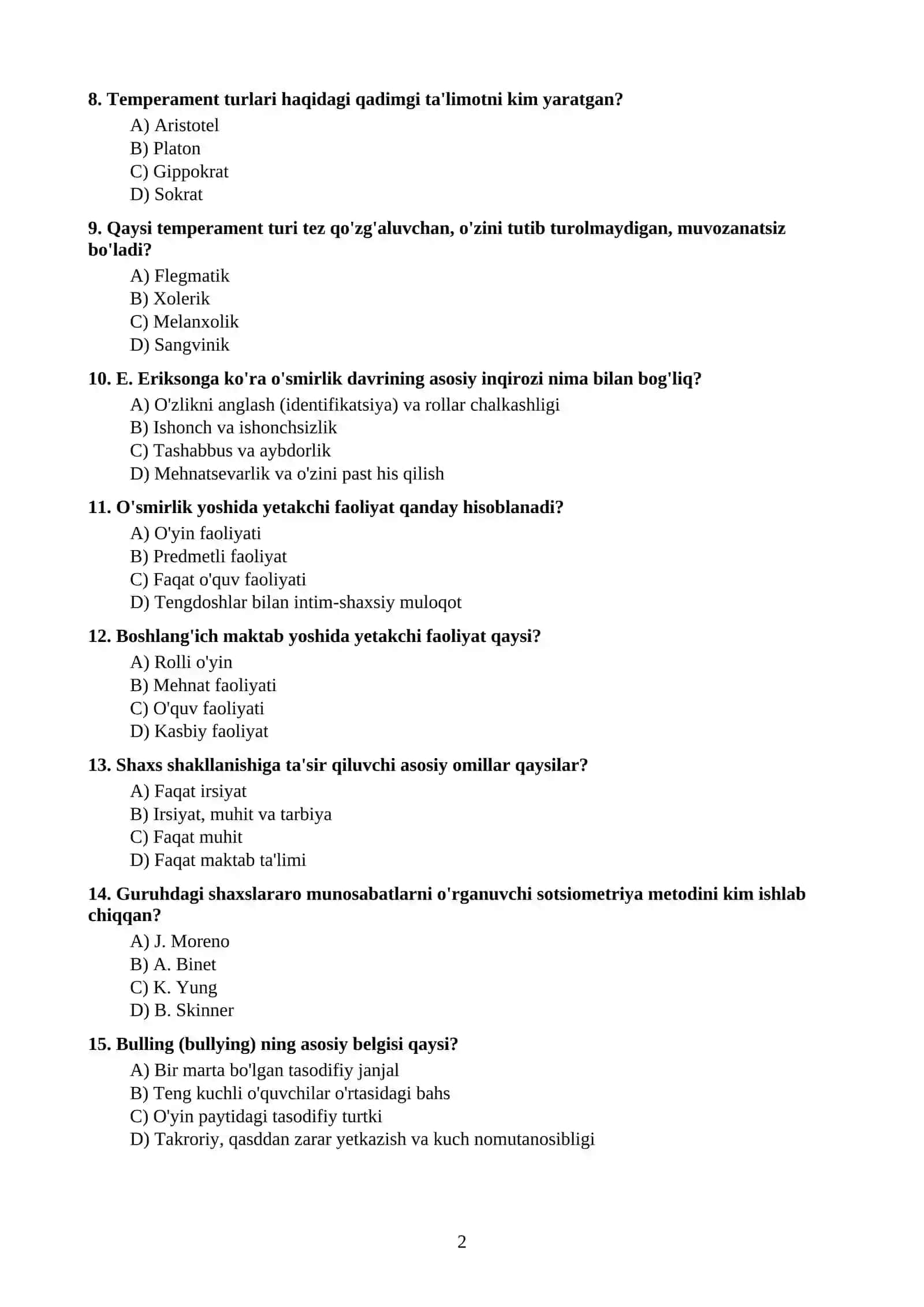 MAKTAB MASLAHATCHISI UCHUN MASHQ TESTLARI 2