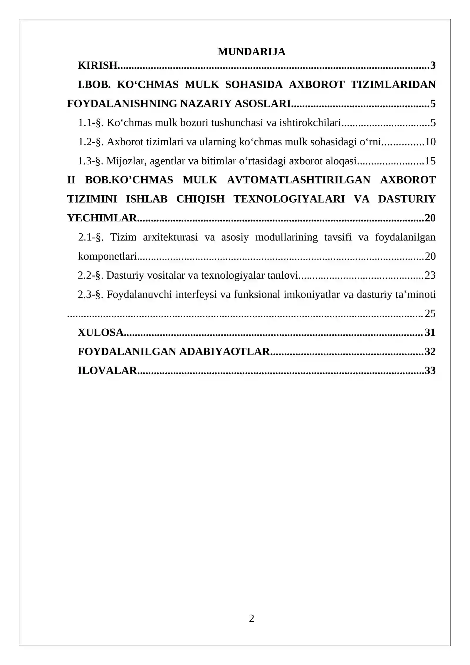 “Ko’chmas mulk. Mijozlar/agentlar/bitimlar” avtomatlashtirilgan axborot tizimini ishlab chiqish 2