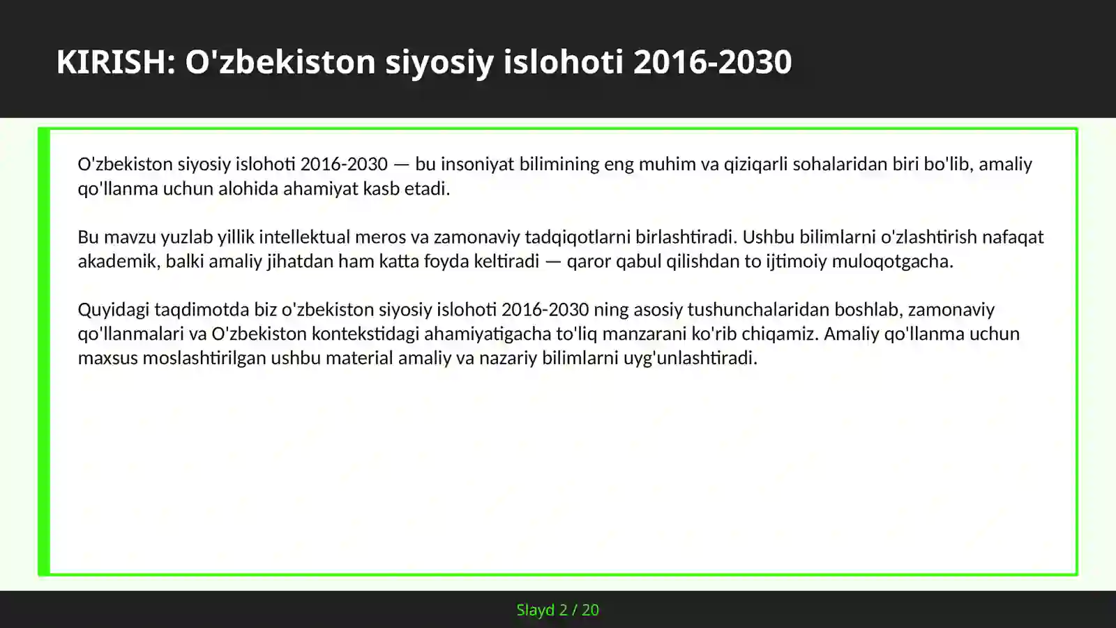 O'zbekiston SIYOSIY ISLOHOTI 2016-2030 2