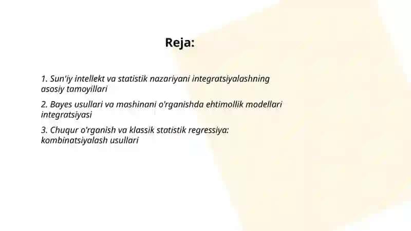 Sun'iy intellekt algoritmlarining ma'lumotlar tahlilida statistik usullar bilan integratsiyasini õrganish 2