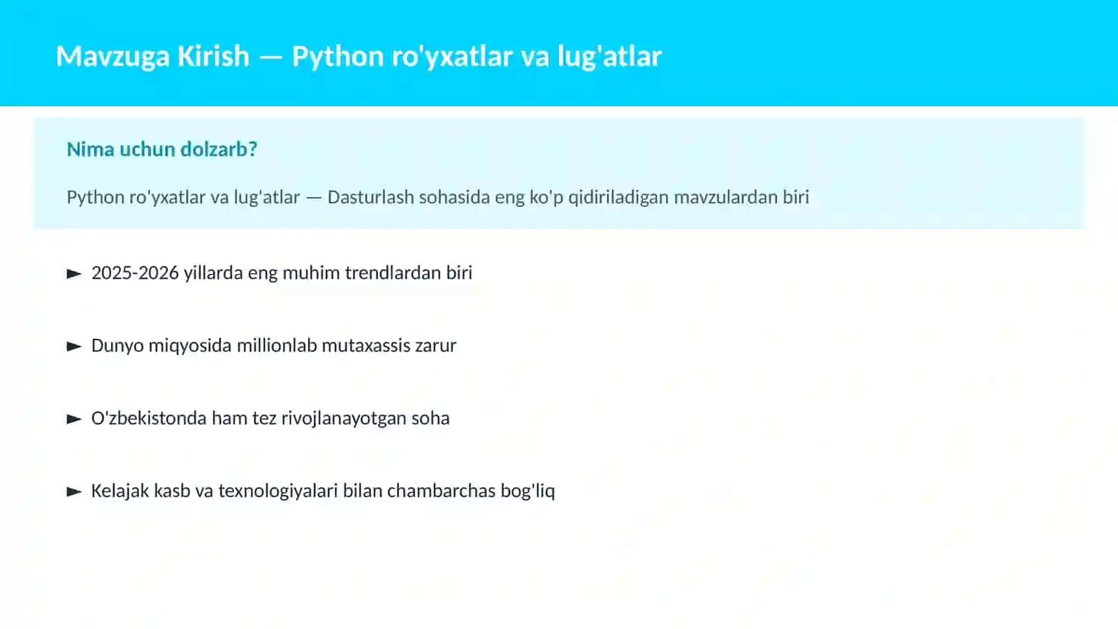 Python ro'yxatlar va lug'atlar 2