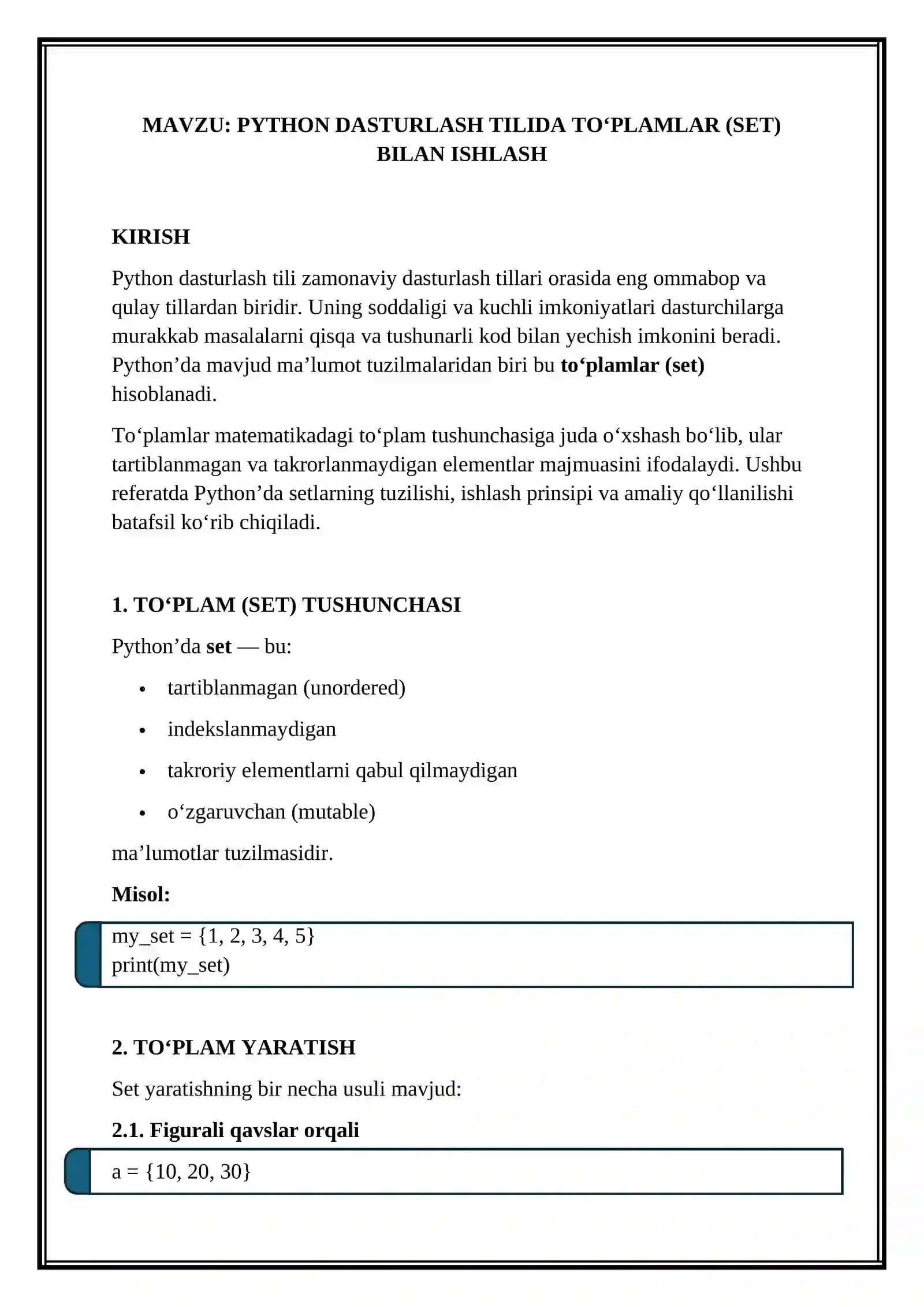 PYTHON DASTURLASH TILIDA TO‘PLAMLAR (SET) BILAN ISHLASH 2
