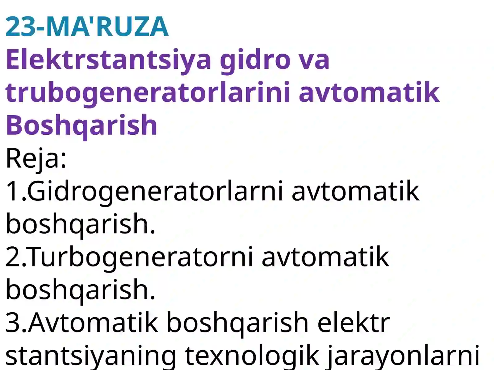 Elektrstantsiya Gidrovatrubo Generatorlarini Avtomatik Boshqarish 2