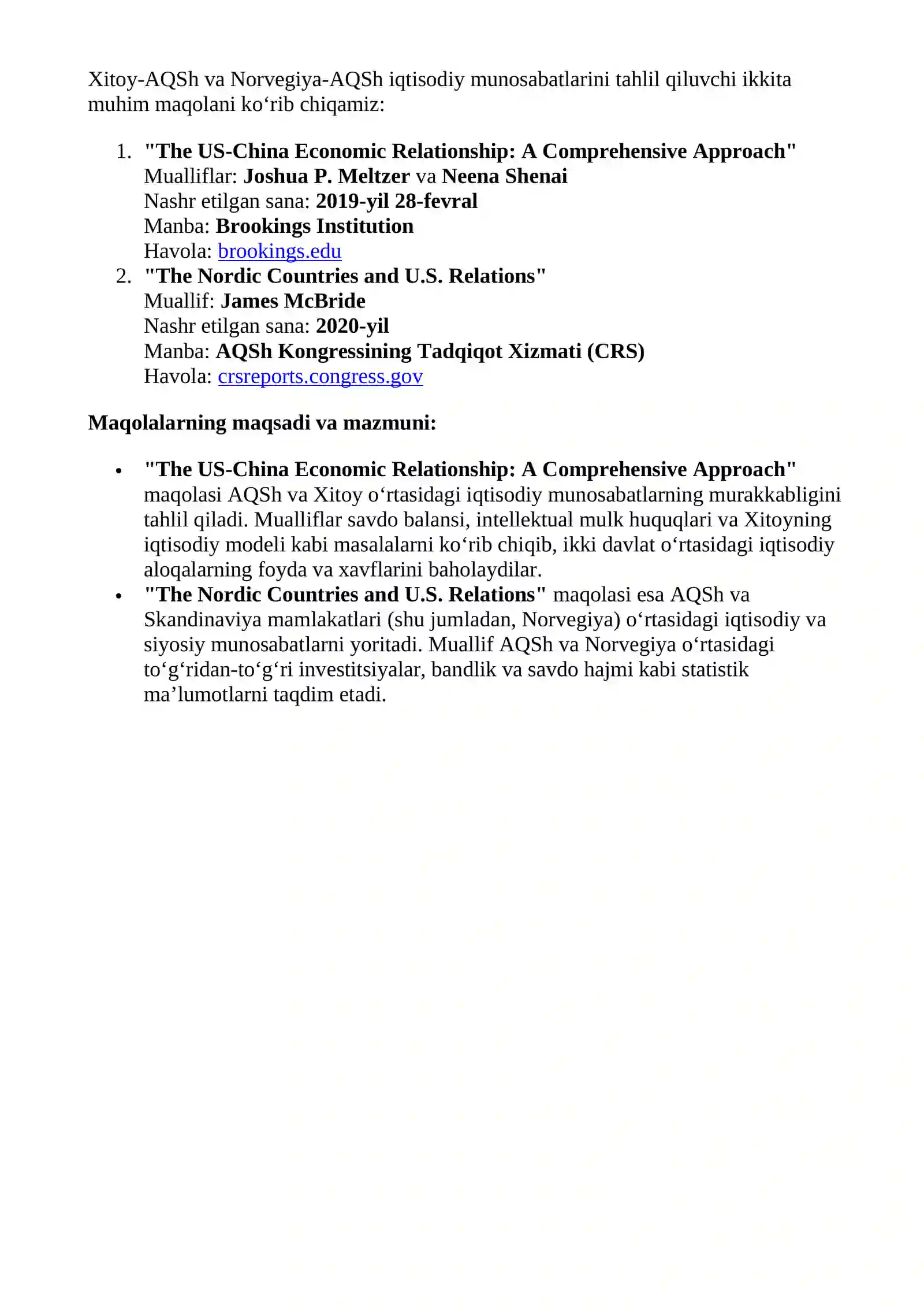 AQSHning Norvegiya va Xitoy bilan zamonaviy tashqi iqtisodiy faoliyatining rivojlanishini tahlil qilish 2