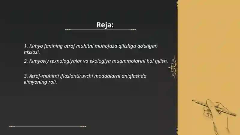 Kimyo fanining atrof muxitni himoya qilishdagi va ekologiya muammolarini hal qilishdagi roli 2