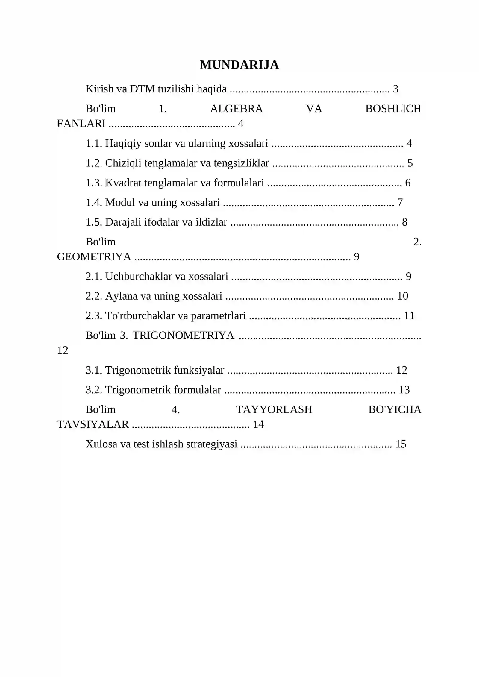 MATEMATIKA BO'YICHA DTM TAYYORGARLIK 2