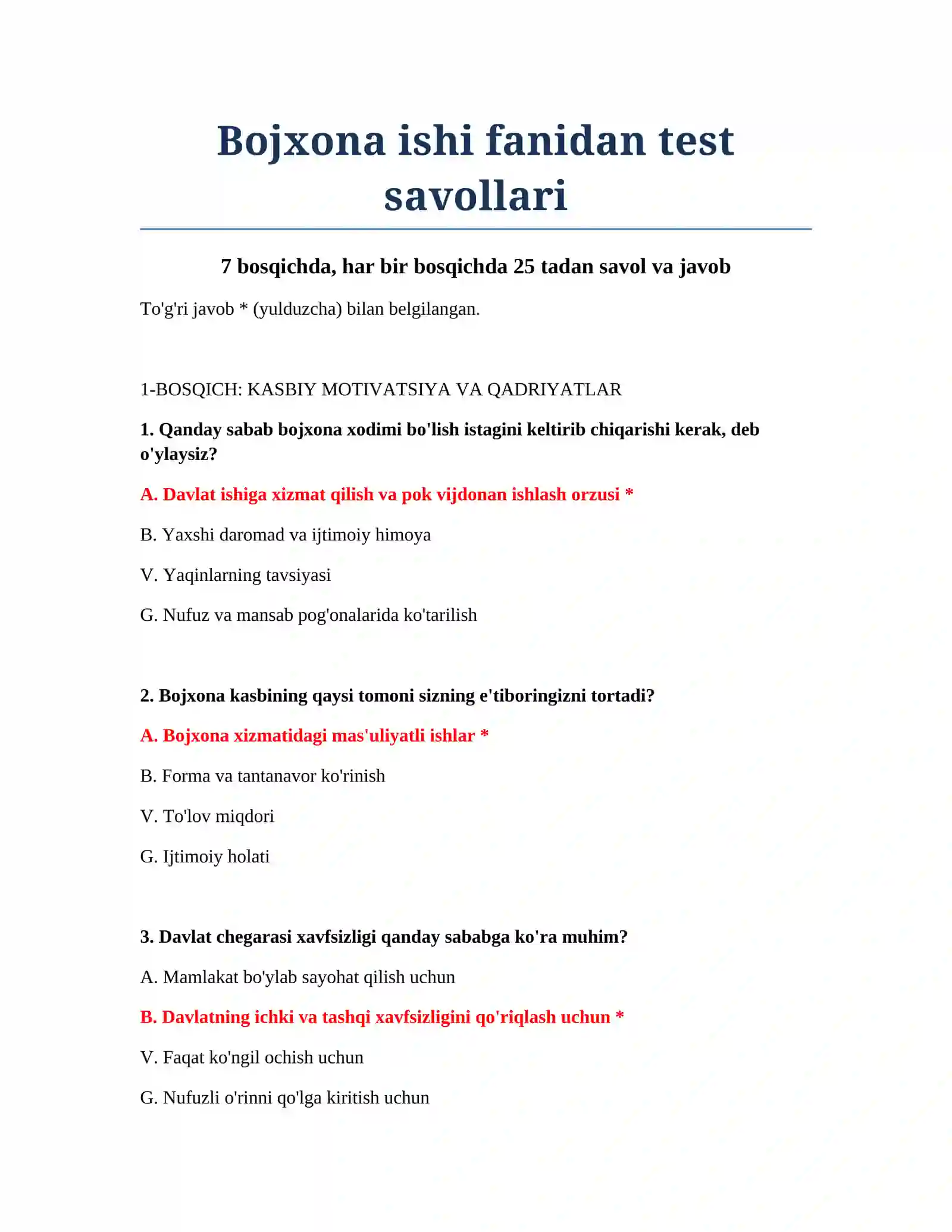 Bojxona ishi fanidan test savollari 2