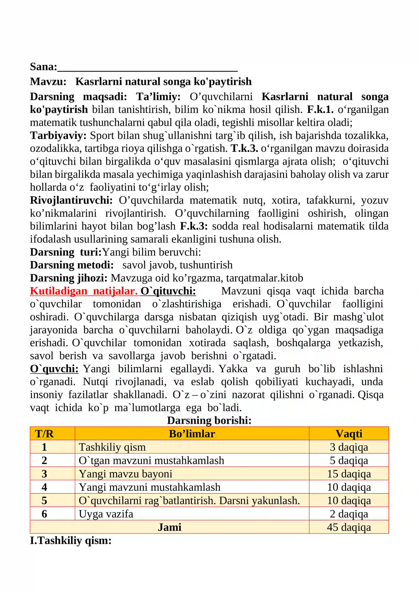 Kasrlarni natural songa ko'paytirish mavzusida 4-sinf Matematika fanidan dars ishlanmasi 2