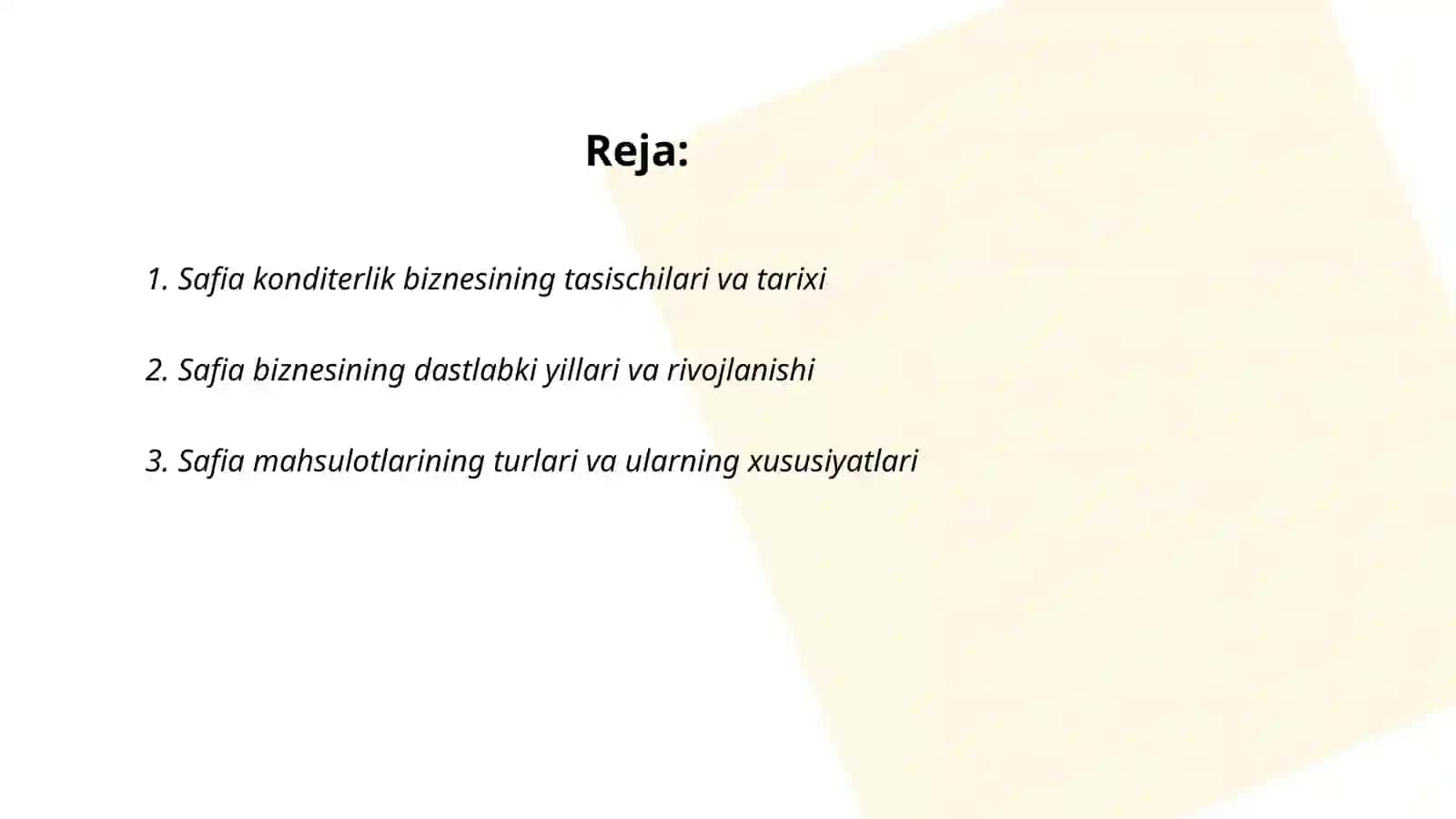 Safia konditerlik biznesining faoliyati va kelib chiqishi 2