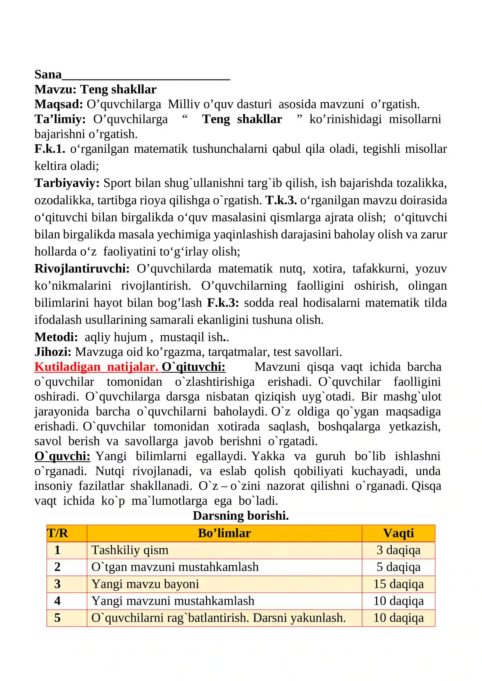 Teng shakllar 1-sinflar uchun Matematika fanidan dars ishlanmasi 2