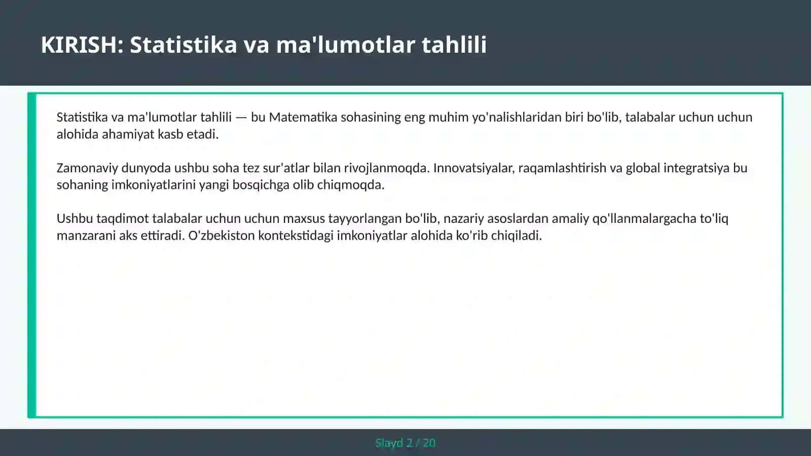 Statistika va Ma'lumotlar Tahlili 2