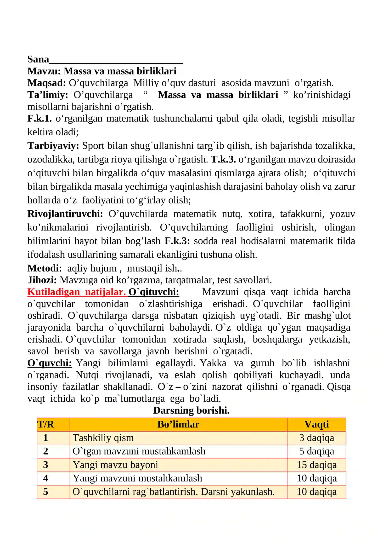 Massa va massa birliklari 1-sinflar uchun Matematika fanidan dars ishlanmasi 2