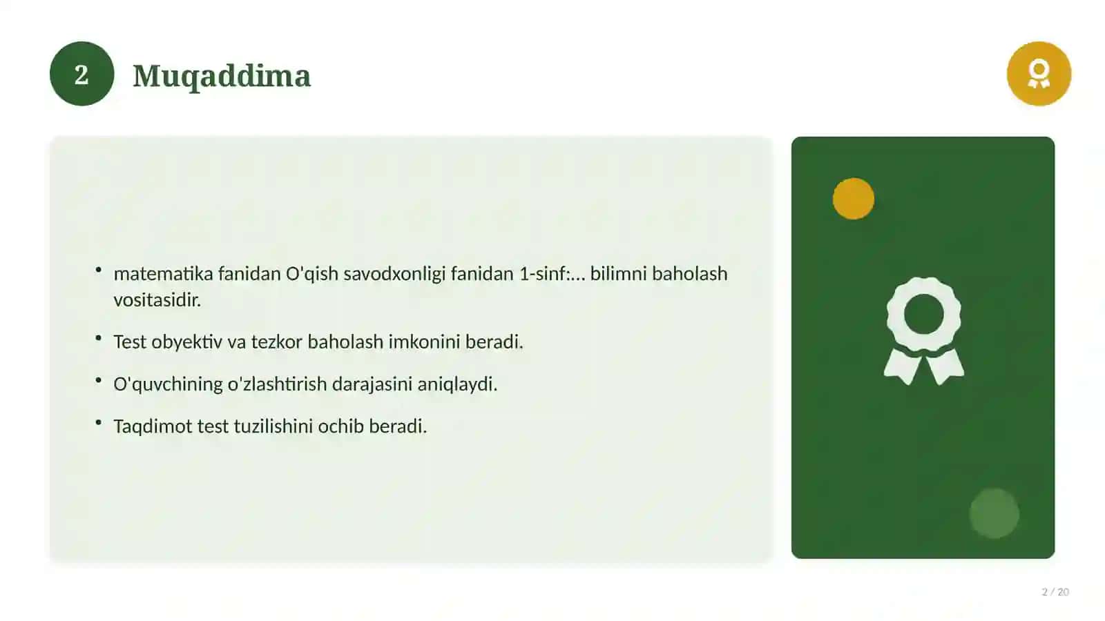 O'qish savodxonligi fanidan 1-sinf: mavzulashtirilgan nazorat ishi va tahlil 2