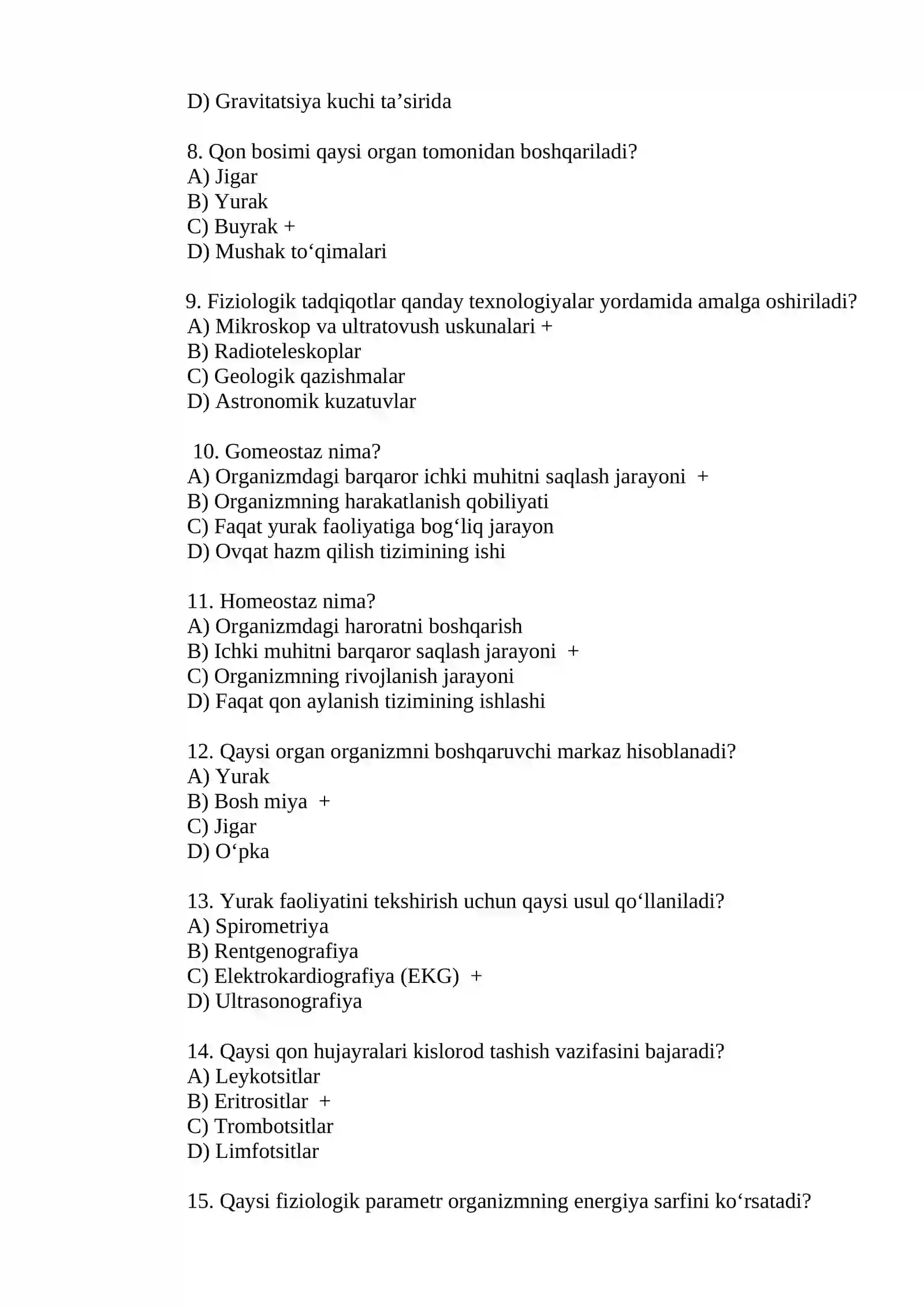 Fiziologiya fani haqida test savollar 2