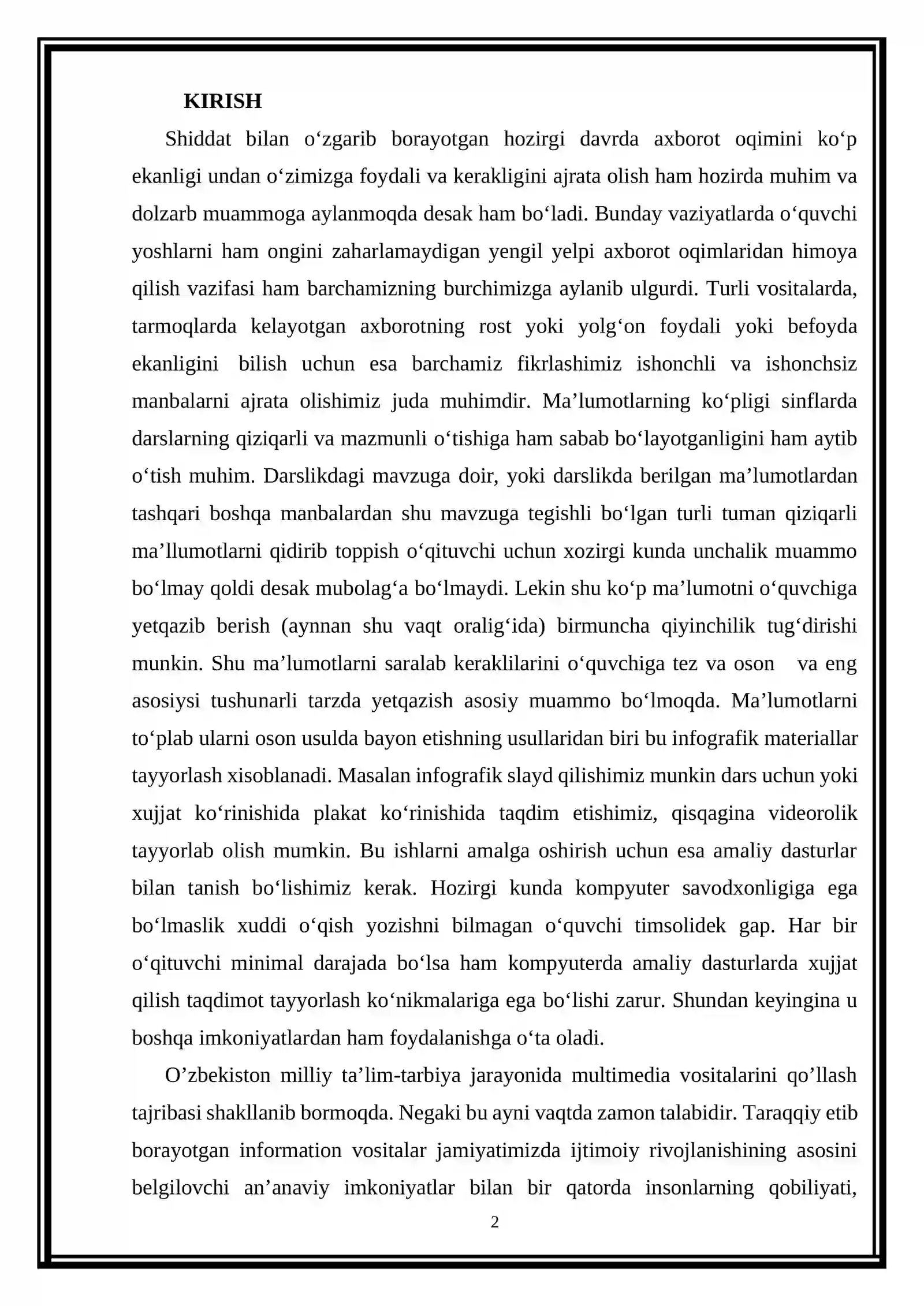 TA’LIM JARAYONIDA MULTIMEDIA TEXNOLOGIYALARIDAN FOYDALANISH METODIKASI kurs ishi 2