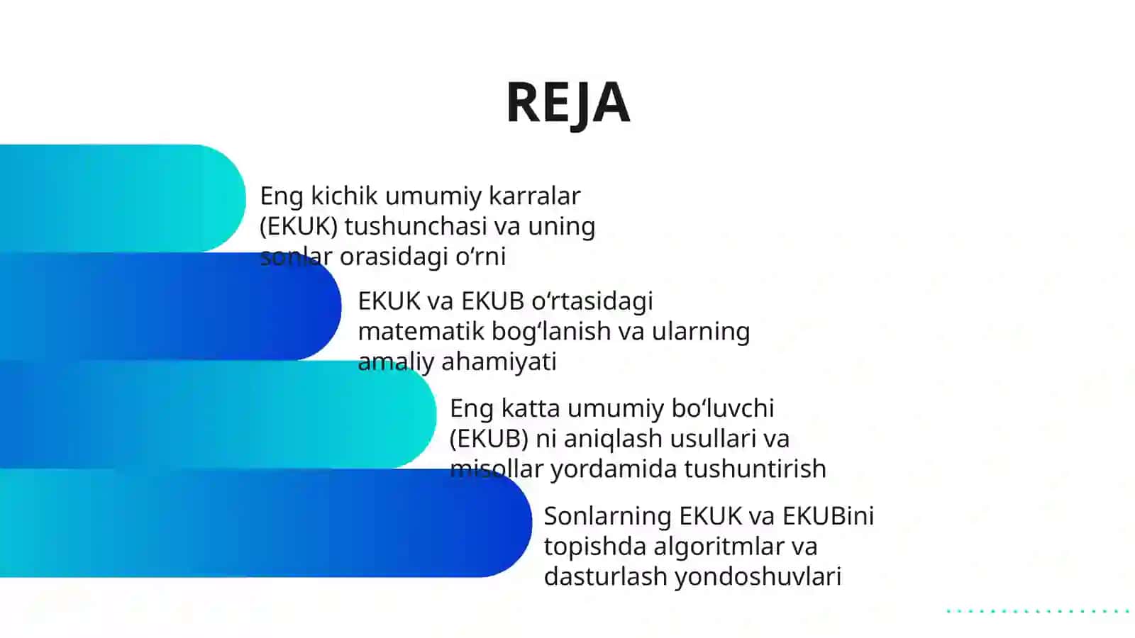 SONLARNING ENG KICHIK UMUMIY KARRALISI VA ENG KATTA UMUMIY BO'LUVCHISI 2