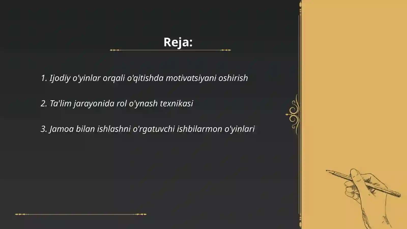 Kimyoni oʻqitishda ijodiy oʻyin ishbilarmonlar oʻyini va mashqlardan foydalanish Sadiboyeva Goʻzalxon va Mamayusupov Umid 2