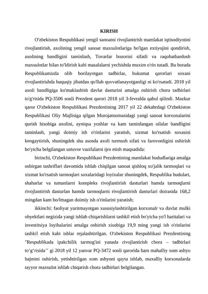 Andijon viloyati Buloqboshi tumanida satin assortimentdagi to’qima ishlab chiqarish korxonasini loyihalash 2