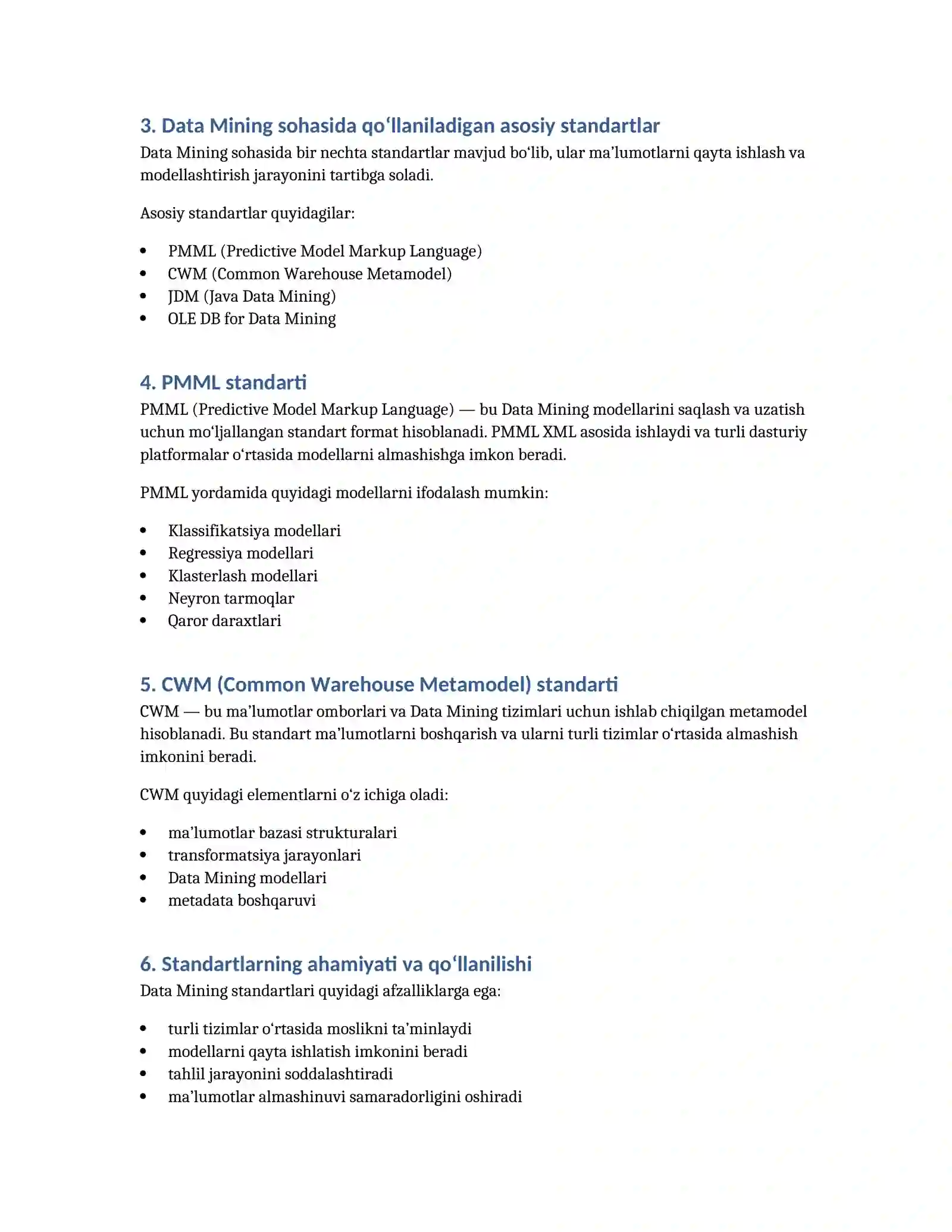Data Mining-ning boshqa standartlari 2