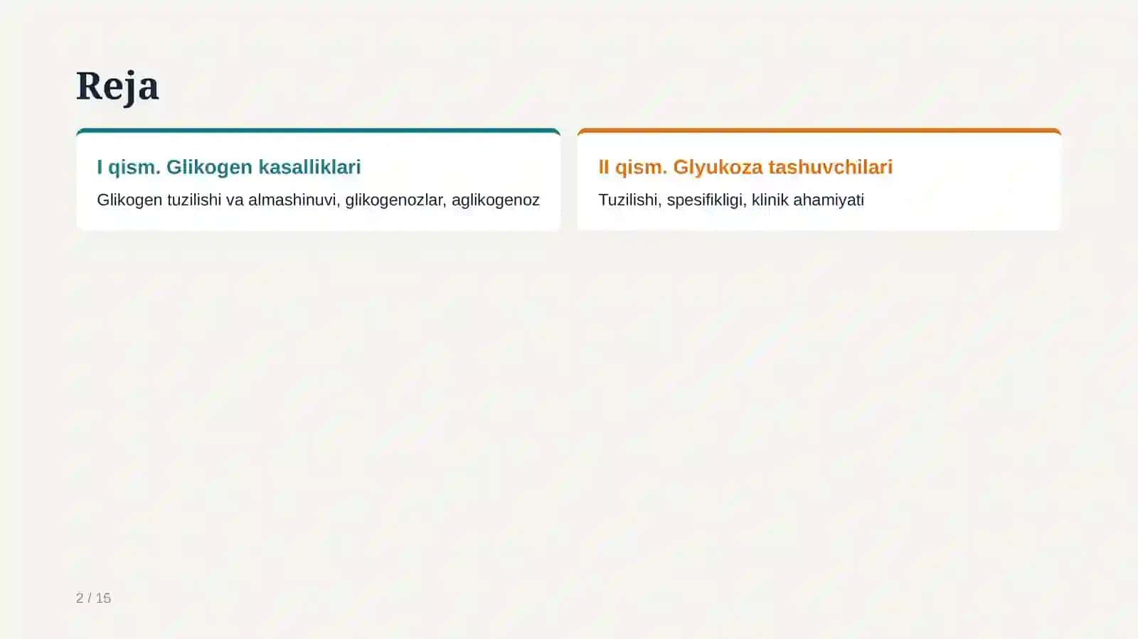 1.Glikogen kasalliklari(glikogenoz va aglikogenozlar).
2.glukoza tashuvchilarining tuzilishi,spesifi 2