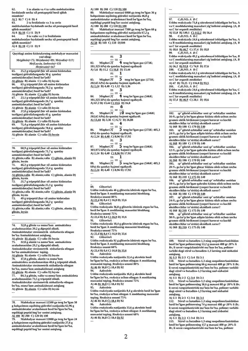 KIMYO FANIDAN 1024 test toʻplami (javobi bilan) 2