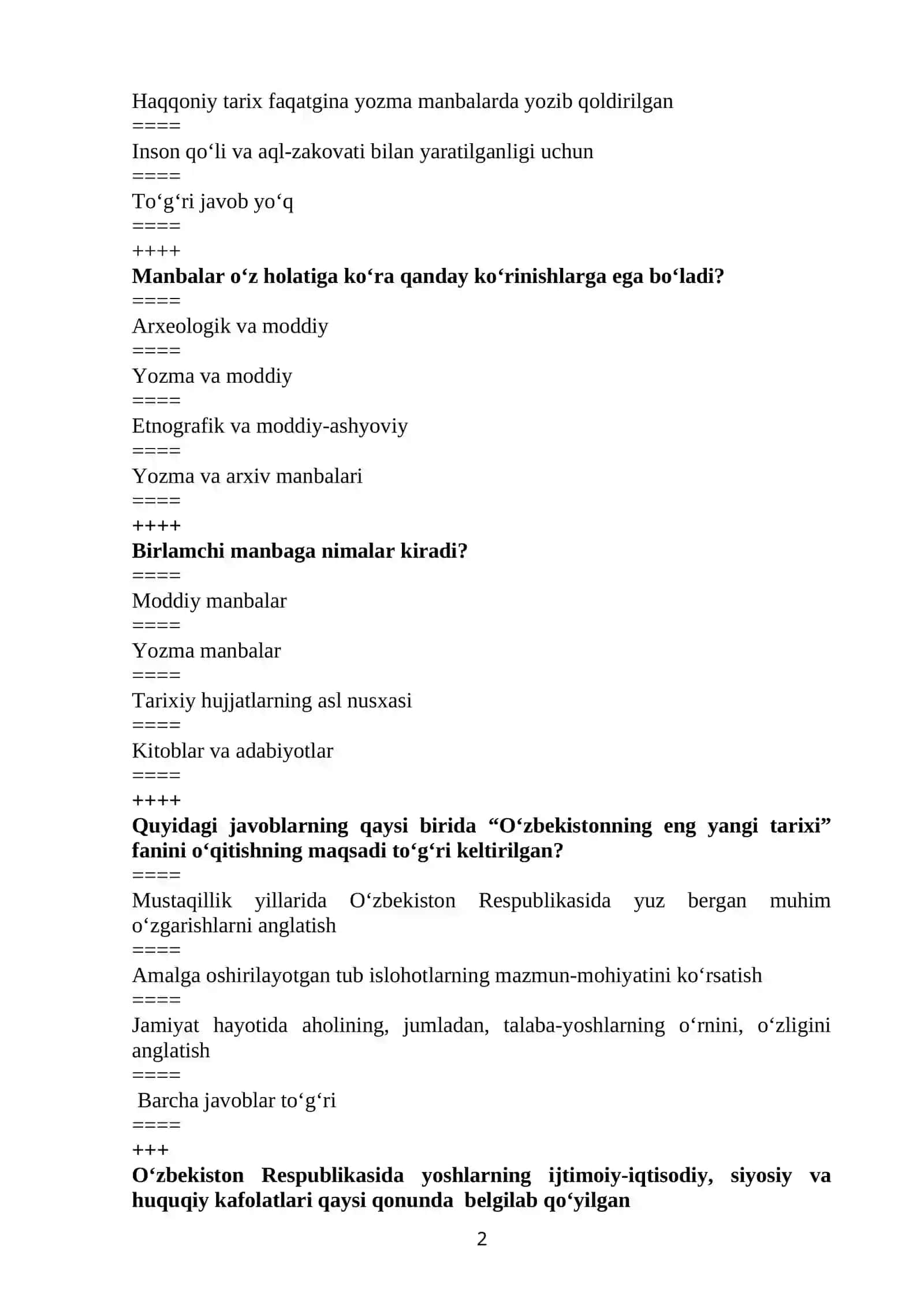 O‘zbekistonning eng yangi tarixi fanidan yakuniy nazorat tеstlar majmui 2