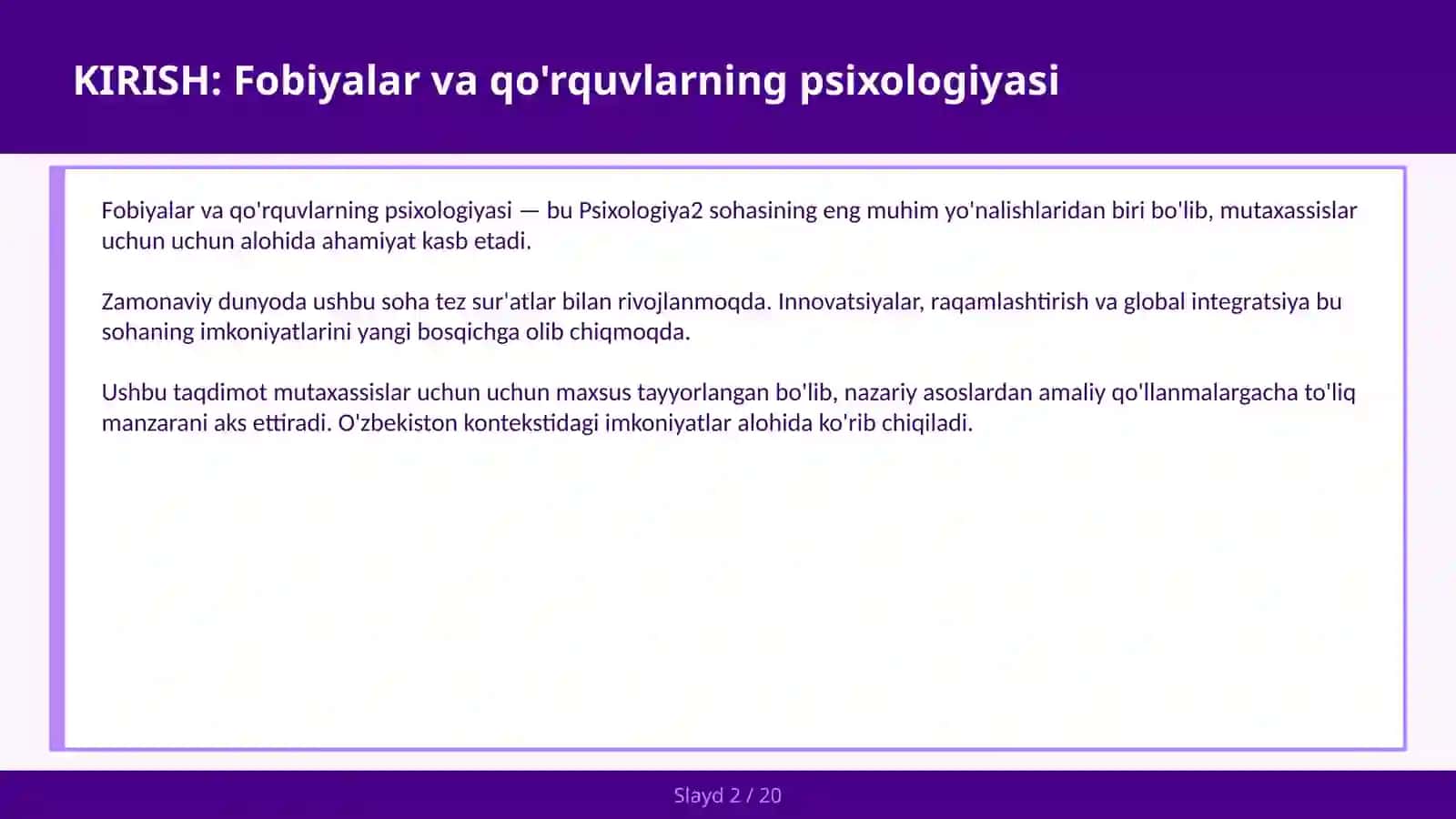 FOBİYALAR VA QO'RQUVLARNING PSIXOLOGIYASI 2