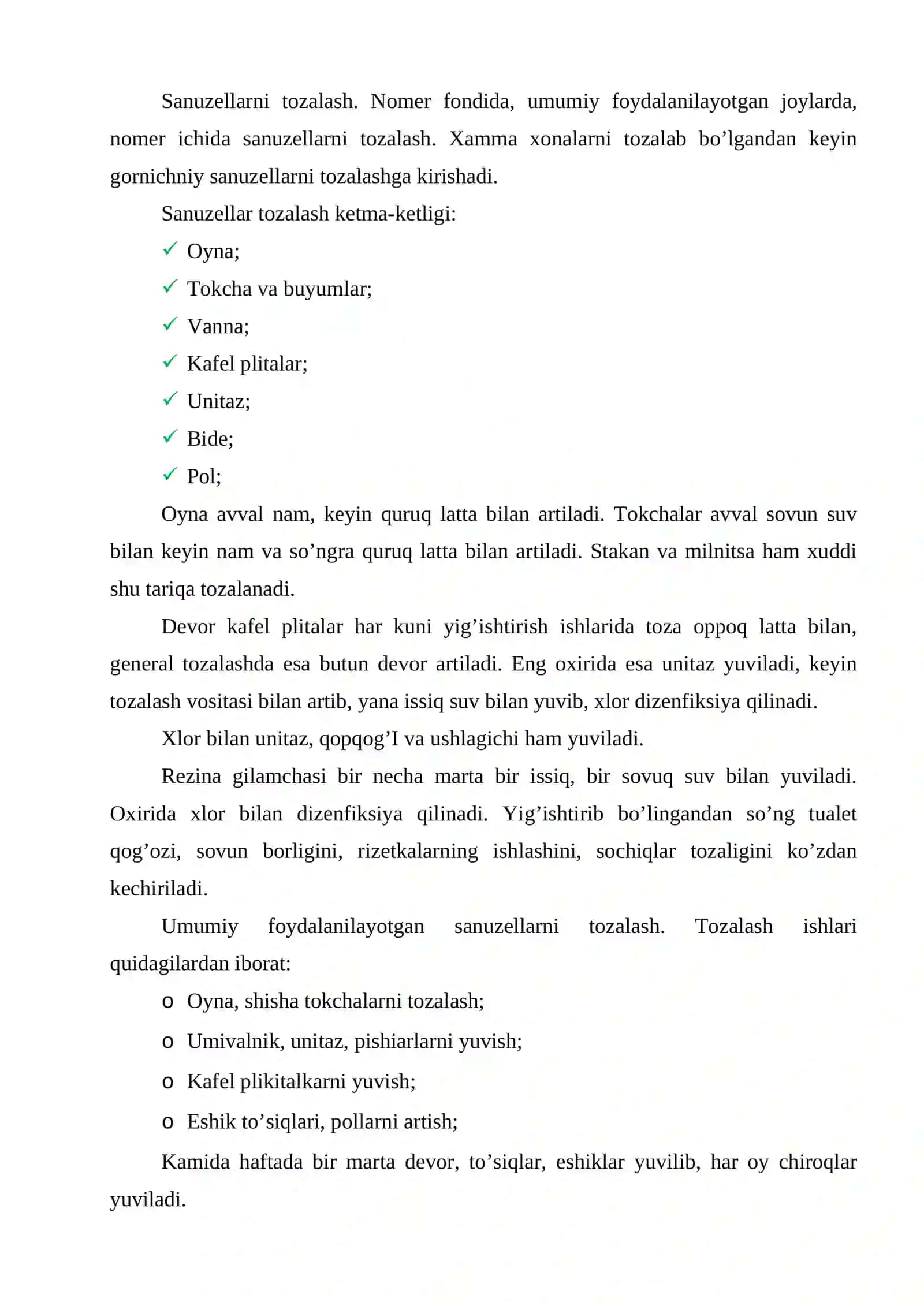 Xonalarni yig’ishtirish, zina va xojatxonalarni tozalash 2