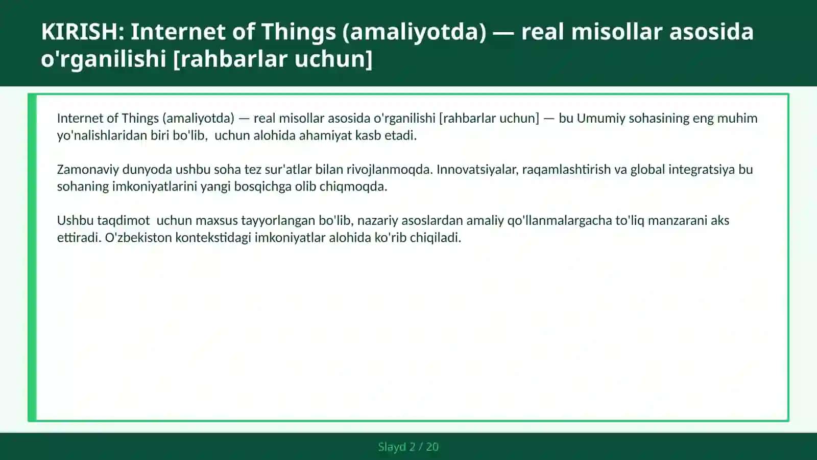 Internet of Things (amaliyotda) — real misollar asosida o'rganilishi [rahbarlar uchun] 2