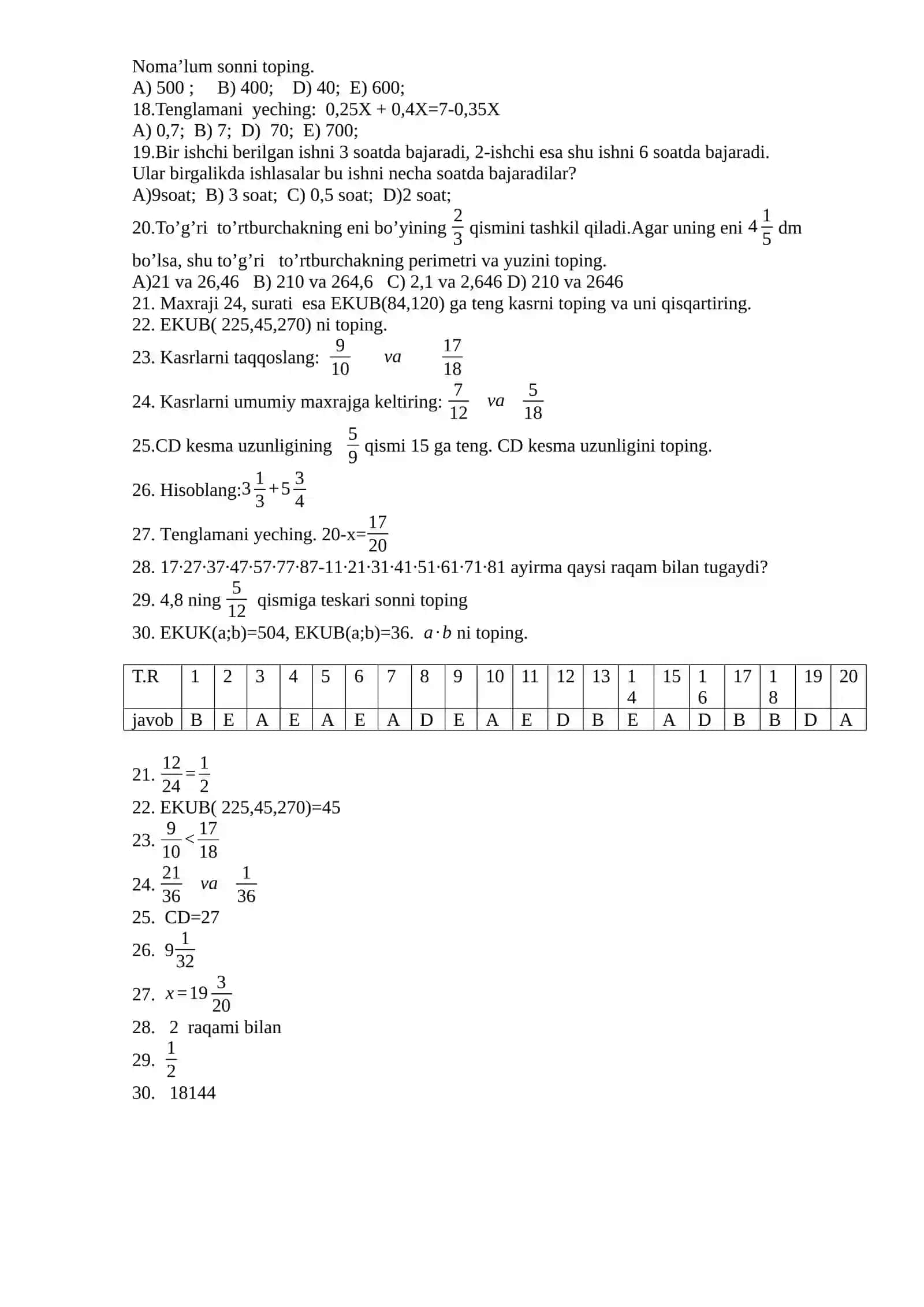6-sinf uchun matematikadan yozma ish savollari 2