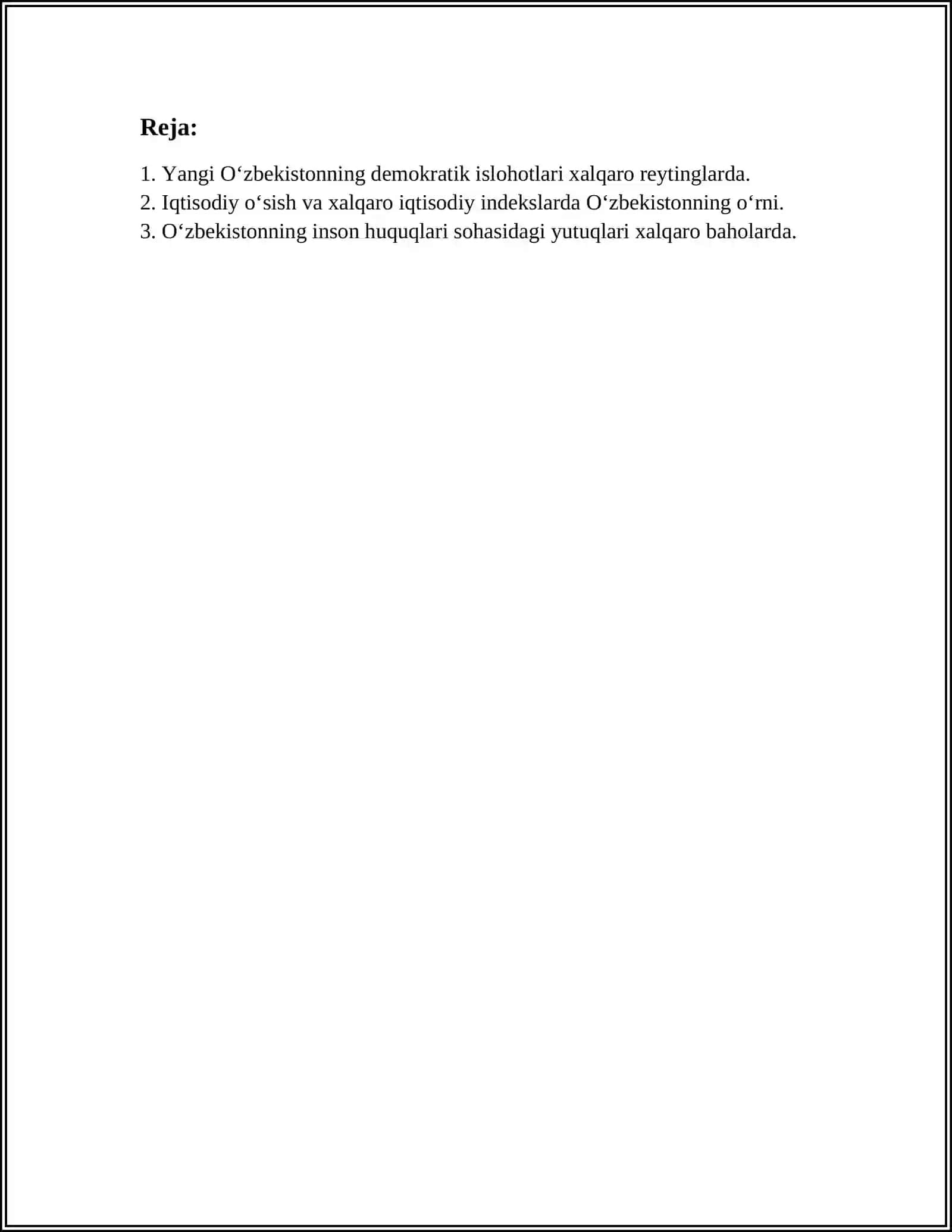 O‘zbekistonning demokratik islohotlari va mamlakatni xalqaro reytinglarda o‘rganish 2