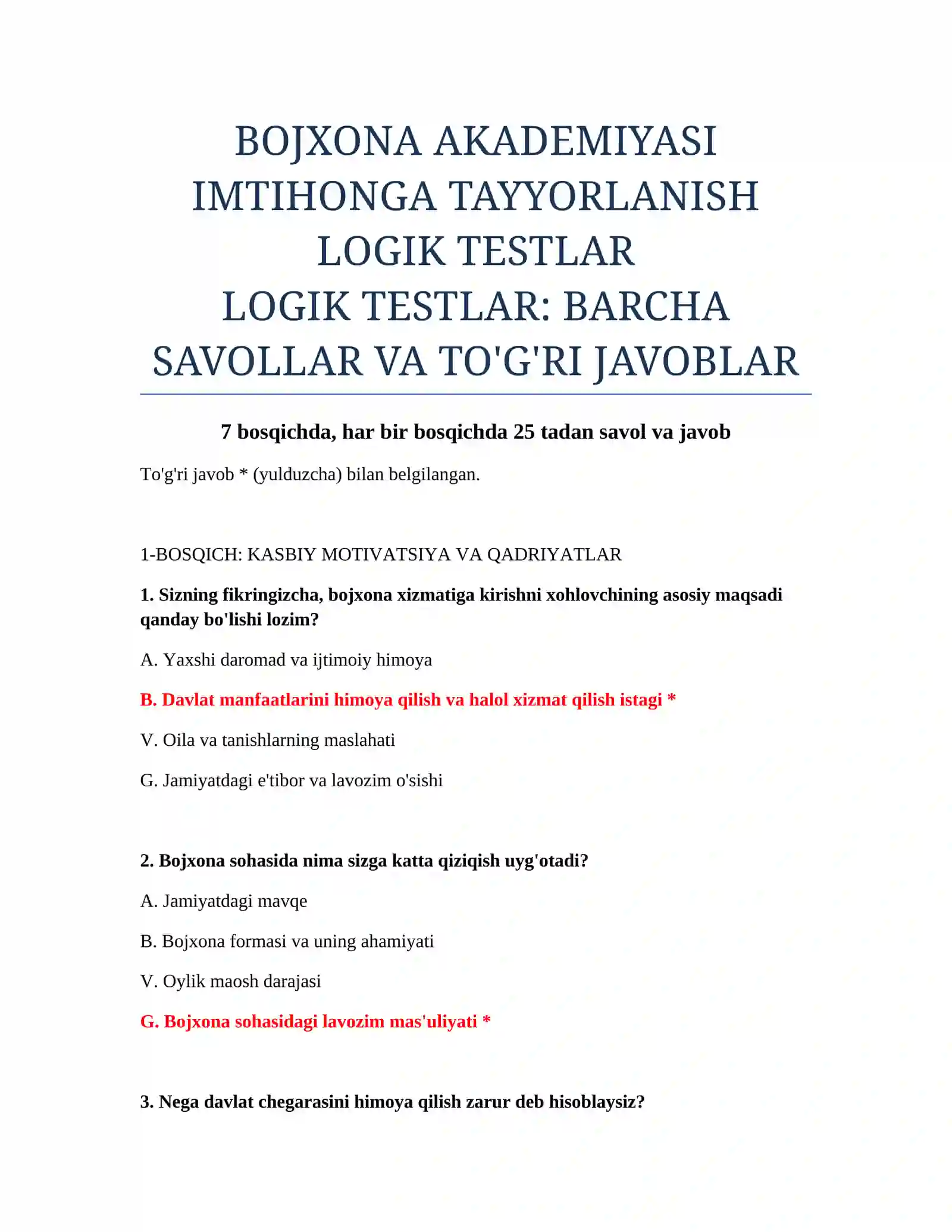 LOGIK TESTLAR: BARCHA SAVOLLAR VA TO'G'RI JAVOBLAR 2
