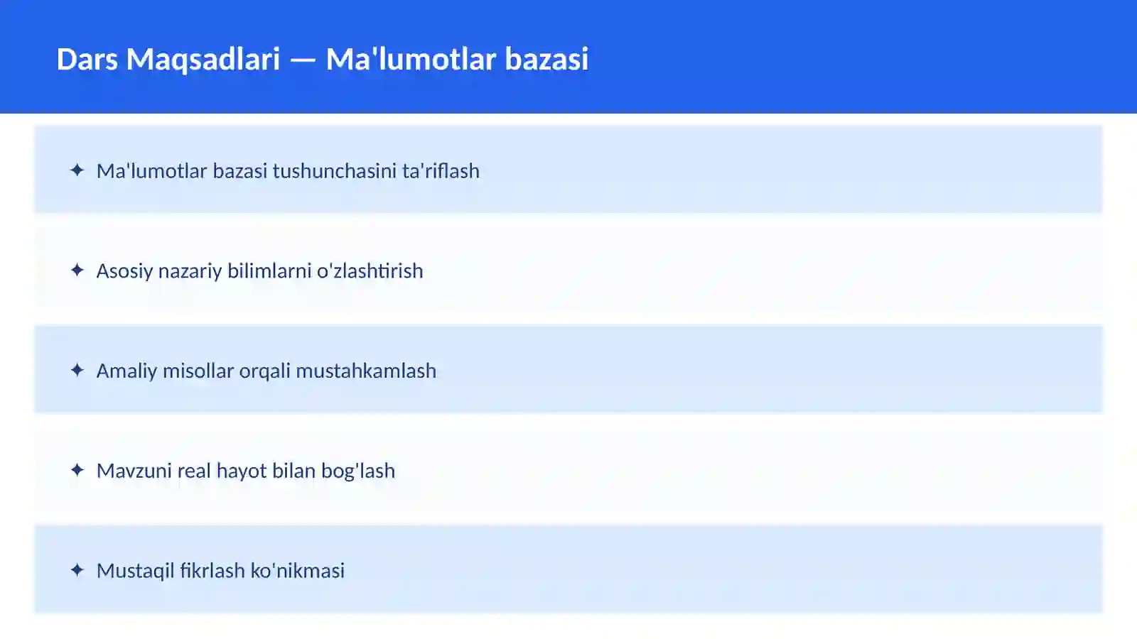 SQL o'qituvchilar va talabalar uchun dars ishlanma 2