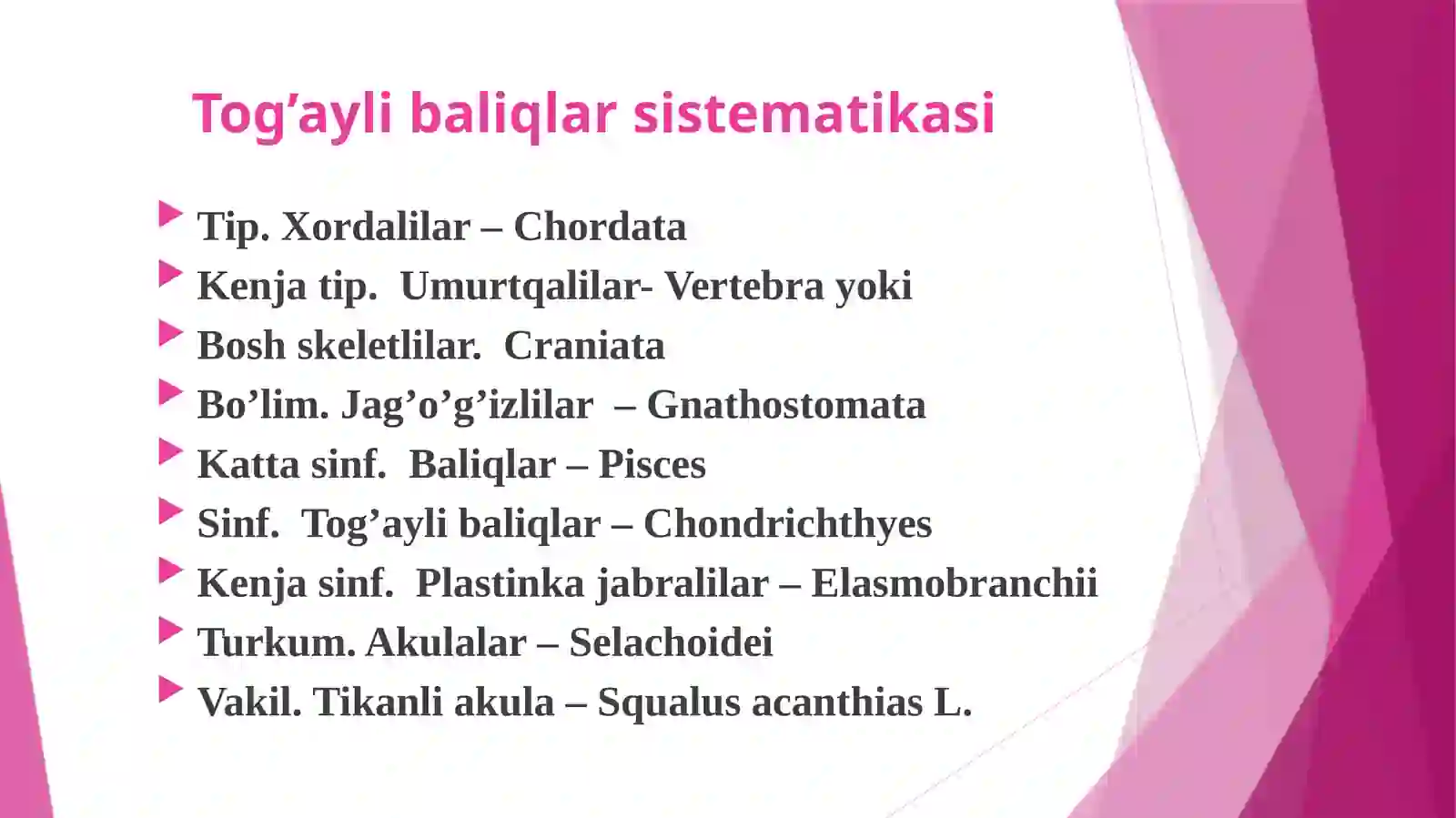 Baliqlarkattasinfi- Pisces.Tog’aylibaliqlar sinfi–Chondrichthyes.Tikanliakulaningtashqivaichkituzilishi. Tog’aylibaliqlarsistematikasi 2