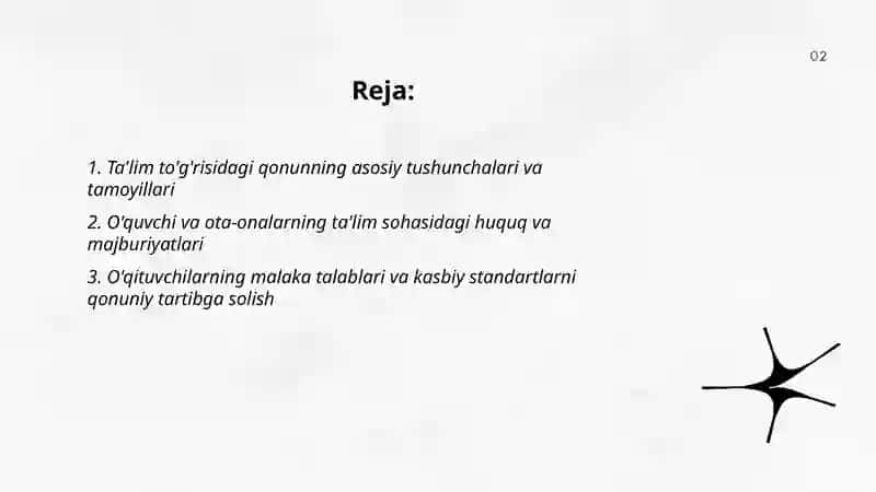 Ta'lim tòġrisidagi " qonunlar bilan tanishish, ta'lim tizimini takomillashtirish yòllari 2