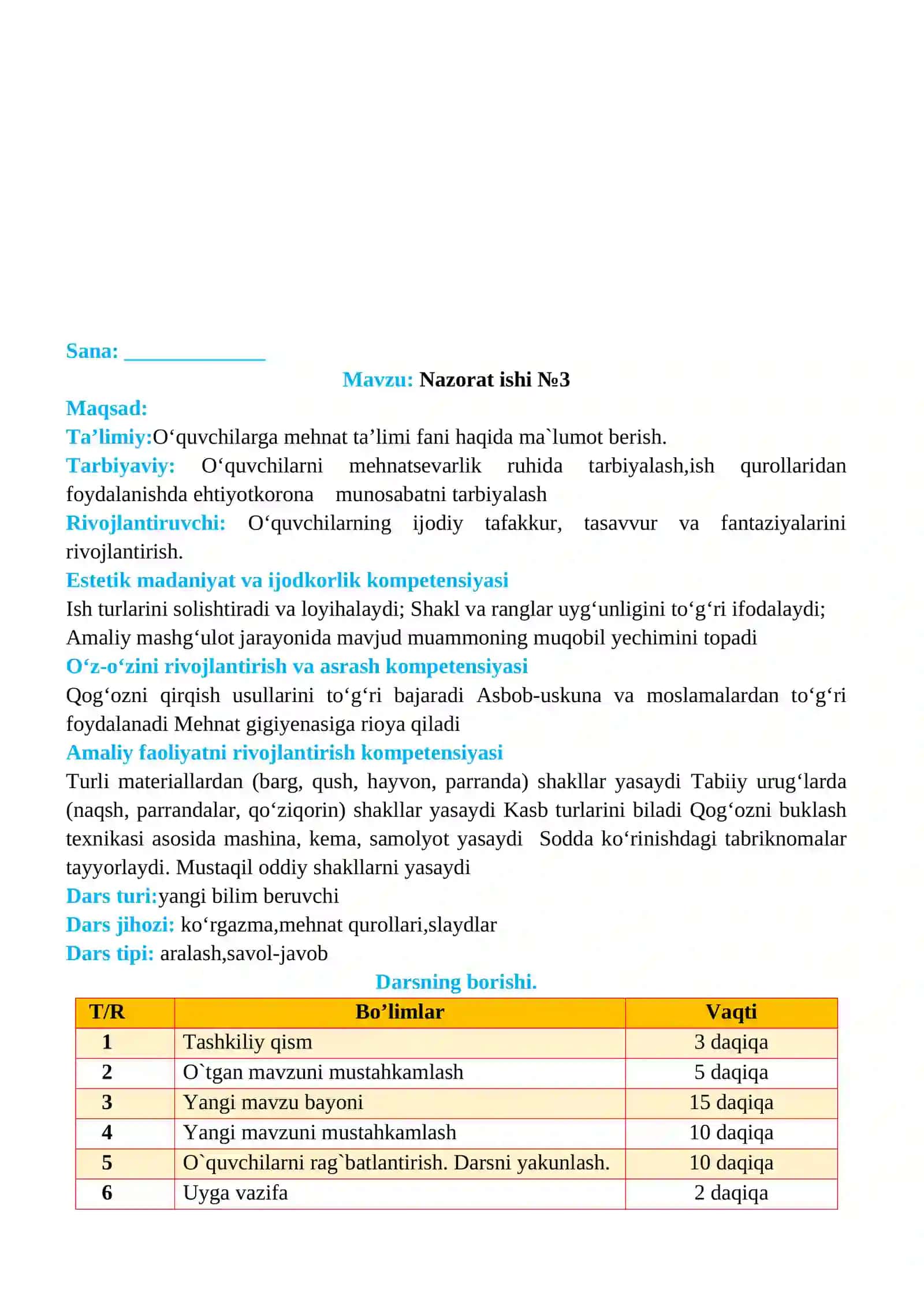 3-sinf Texnologiya fanidan 3-Nazorat ishi 2