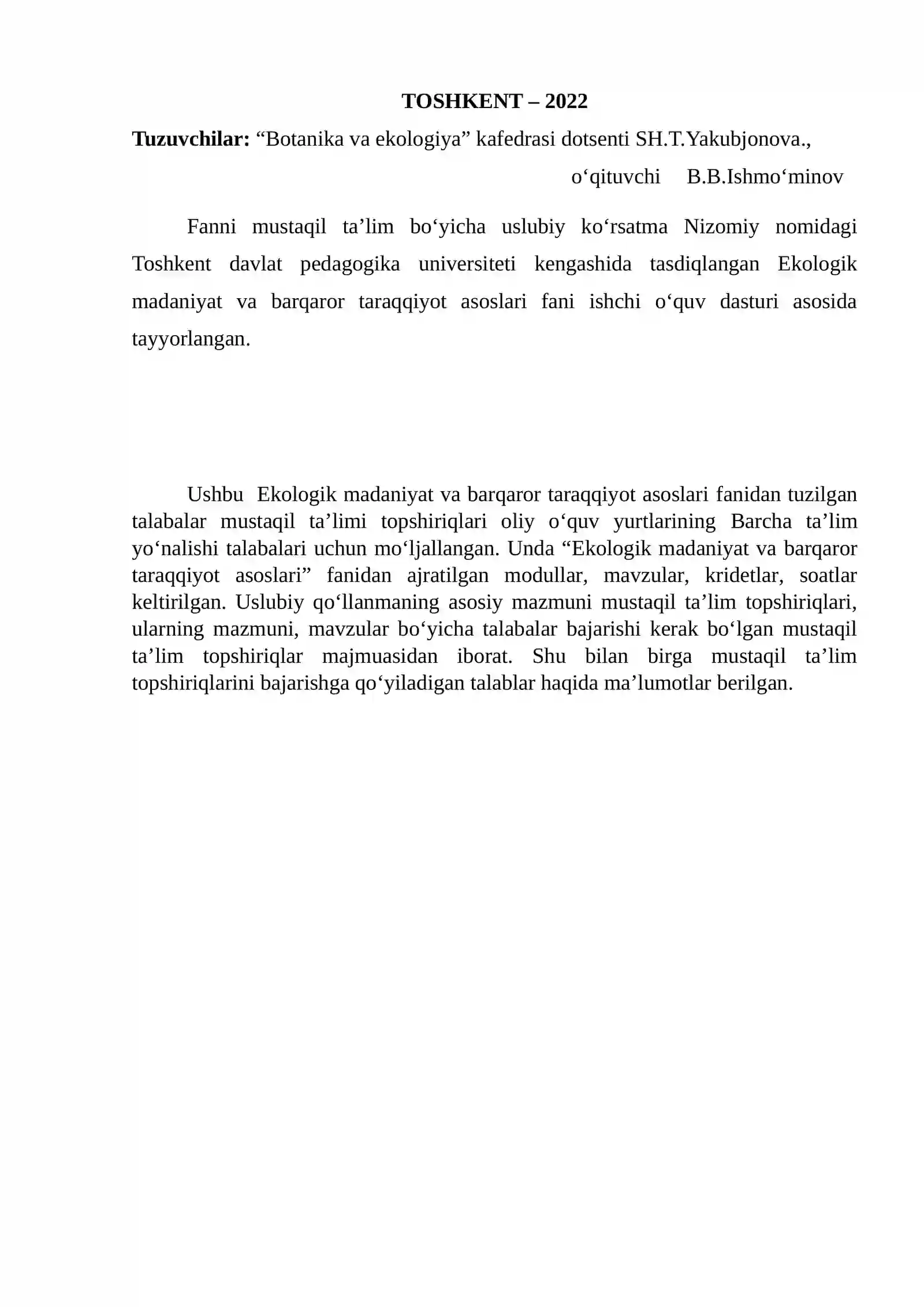 Ekologik madaniyat va barqaror taraqqiyot asoslari fanidan ta'lim korsati 2