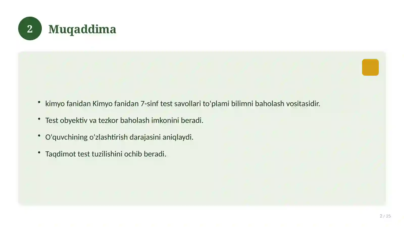 Kimyo fanidan 7-sinf test savollari to'plami 2