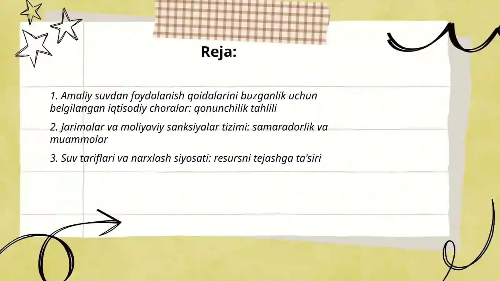 Suvdan amaliy suvdan foydalanish qoidalarini buzganligi uchun belgilangan iqtisodiy choralarini va suvdan foydalanishdagi asosiy muammolar va vazifalarni o‘rganish 2