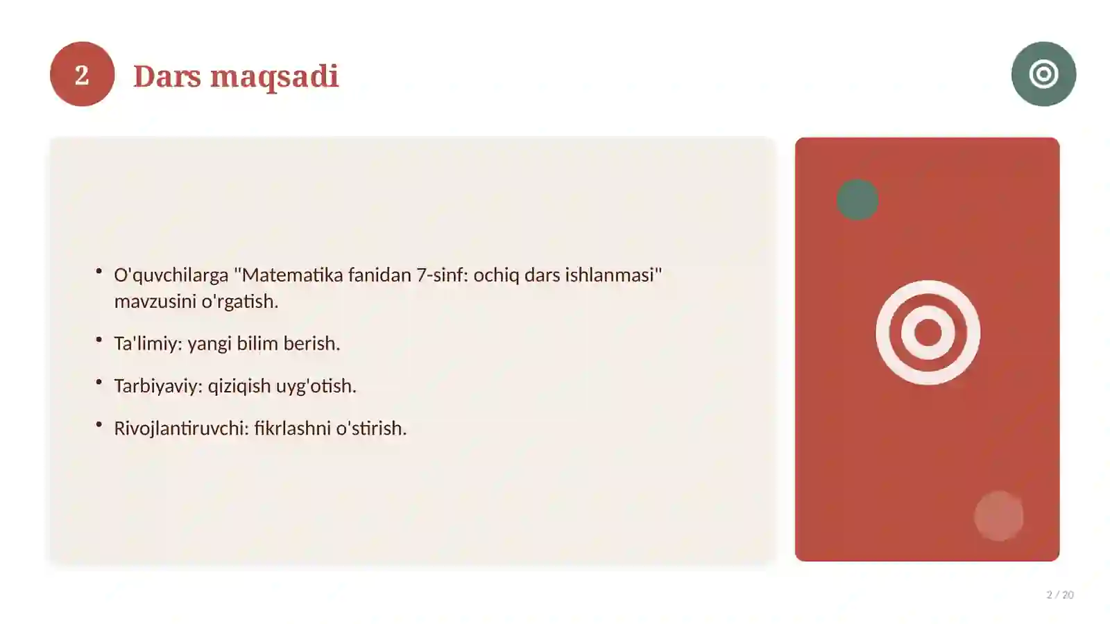 Matematika fanidan 7-sinf: ochiq dars ishlanmasi 2