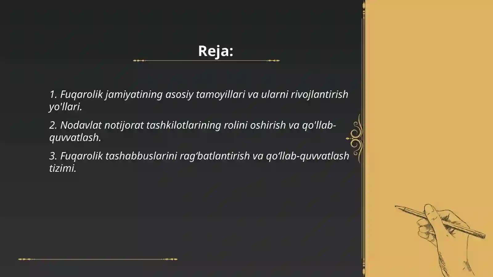 fuqarolik jamiyati institutlarini rivojlantirish hamda ularning ijtimoiy va siyosiy faolligini oshirishga qaratilgan kompleks chora-tadbirlar togrisida 2