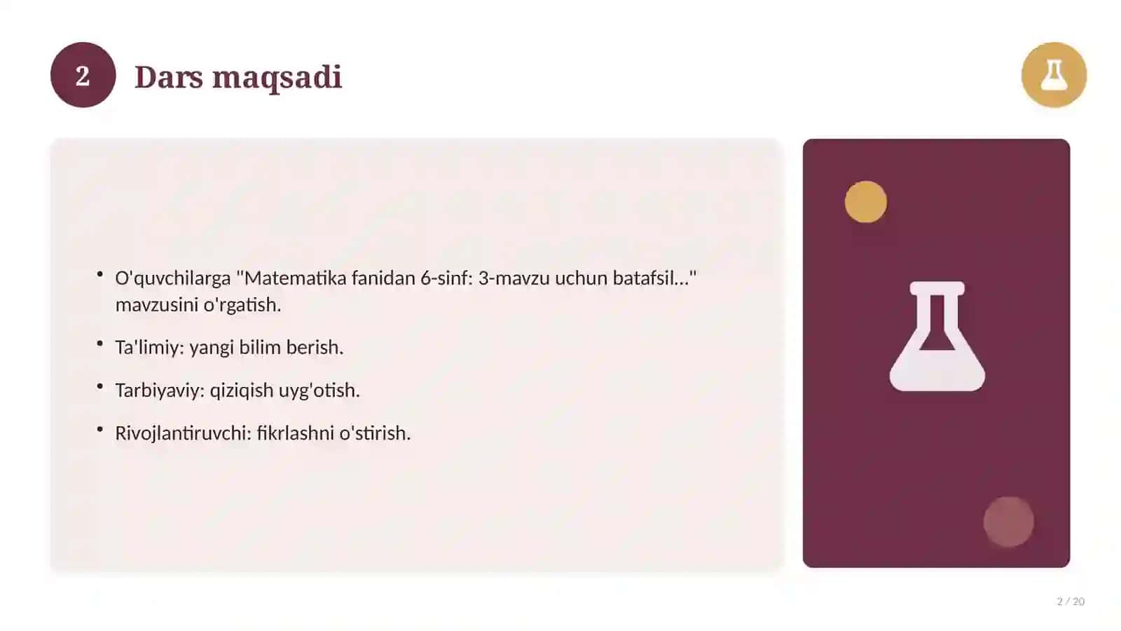 Matematika fanidan 6-sinf: 3-mavzu uchun batafsil dars ishlanmasi 2