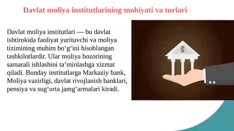 Davlat moliya institutlarining moliya bozorlari dagi faoliyati va roli 2
