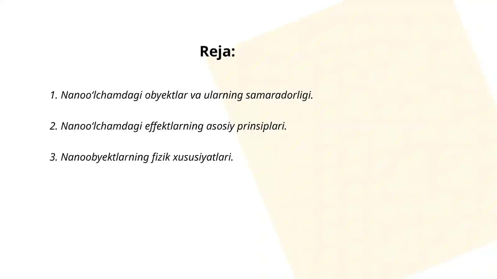 Oʻlcham effekti. Nanooʻlchamdagi obyektlar.Nanoobyektlar olinishi va kolloid moddalar bilan solishtirish 2