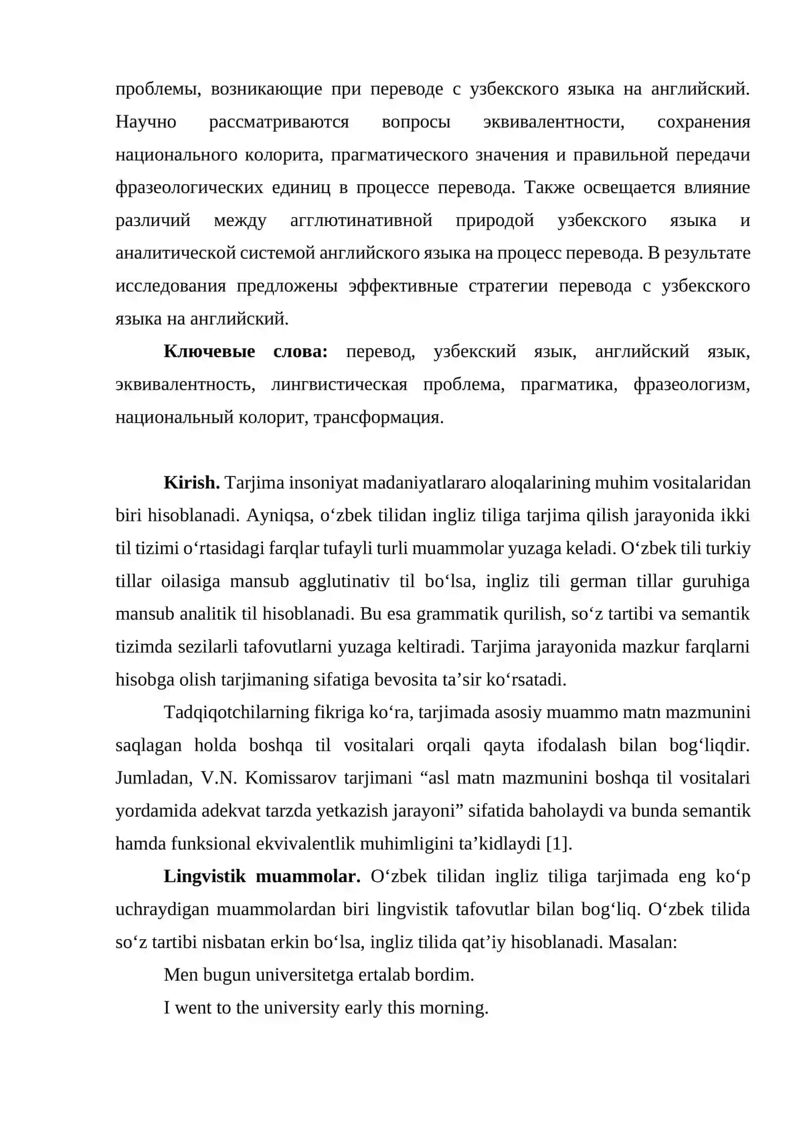 O‘ZBEK TILIDAN INGLIZ TILIGA TARJIMA MUAMMOLARI: LINGVISTIK VA MADANIY ASPEKTLAR 2