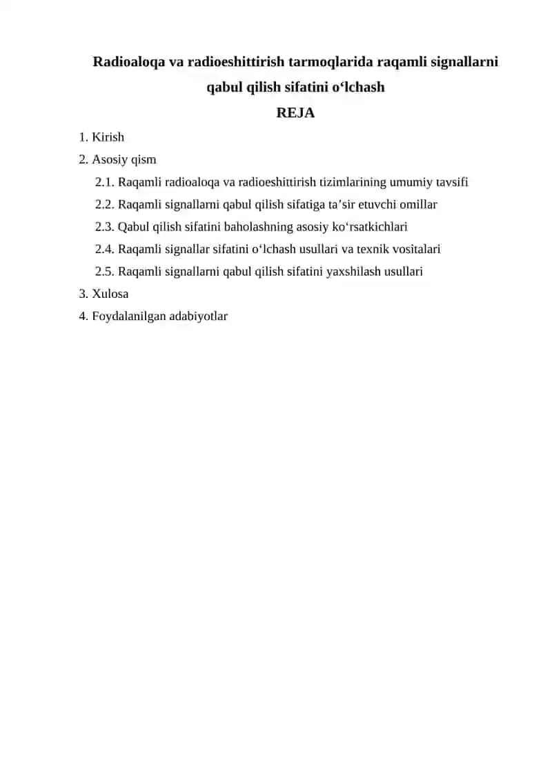 Radioaloqa va radioeshittirish tarmoqlarida raqamli signallarni qabul qilish sifatini o‘lchash 2