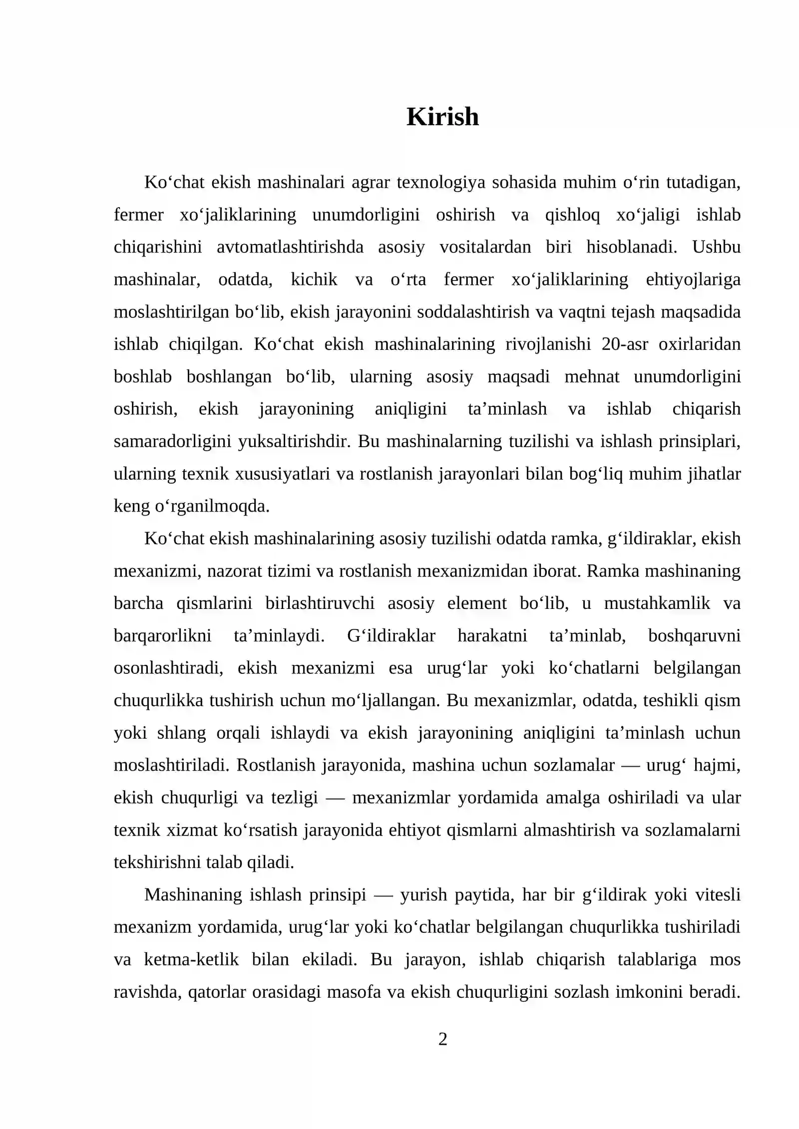 KOʻCHAT EKISH MASHINASI TUZILISHI, ISHLASHI VA ROSTLANISHLARI 2