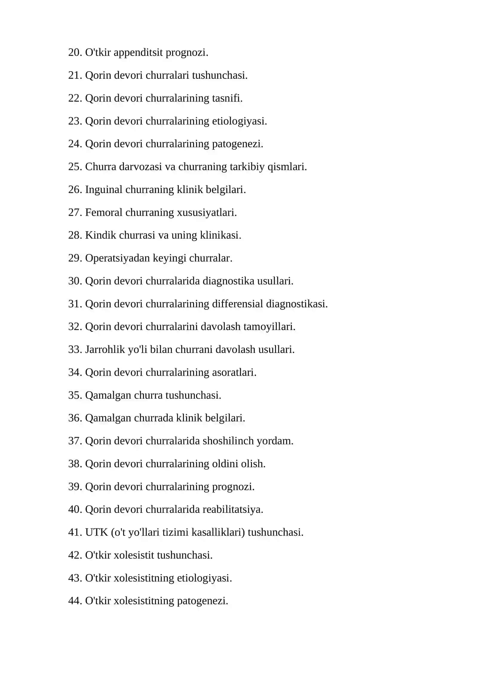 Xirurgik kasaliklar fanidan yakuniy nazorat savollari 2