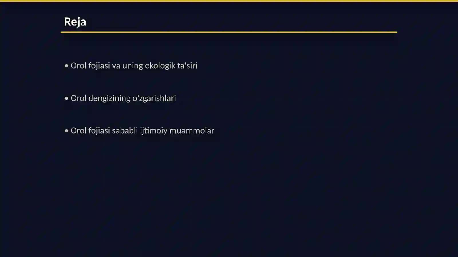 Oʻzbekiston ekologik muammolar va ularning yechimlari: Orol fojiasi misolida.Atrof muhitni muhofaza qilish boʻyicha davlat dasturlari 2